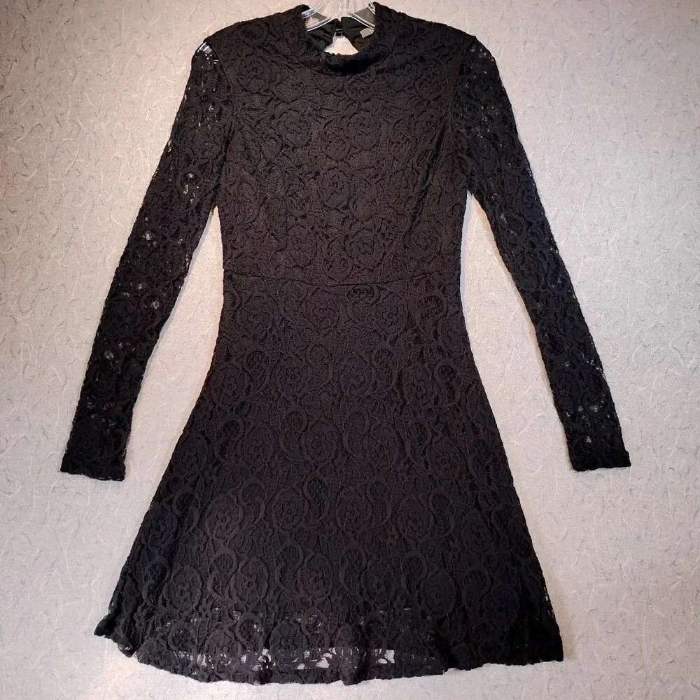 Suzy Shier Women's Black Lace & Mesh Long Sleeve Cut Out Goth Dress Size Small